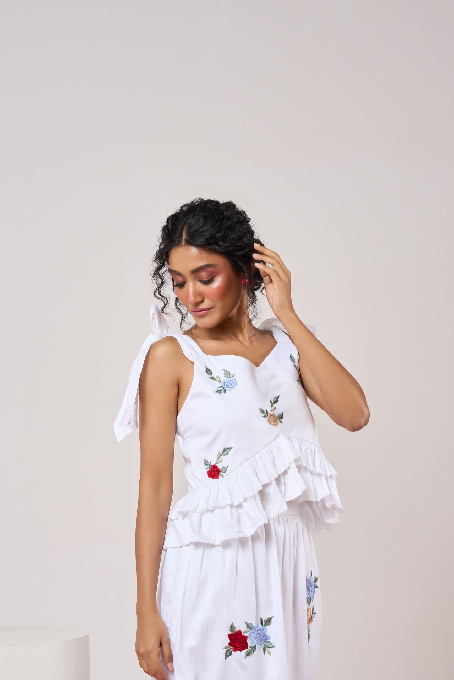 White Embroidered Bloom Top & Skirt Set