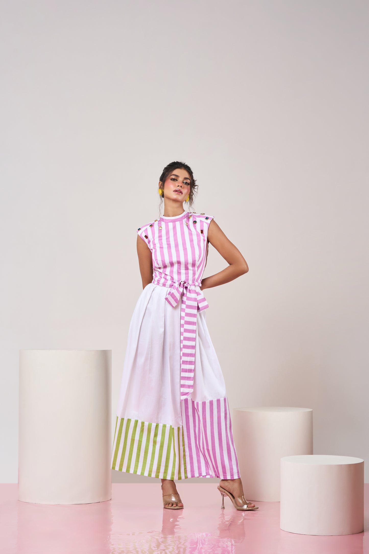 Mauve Striped Belted Top and Skirt set