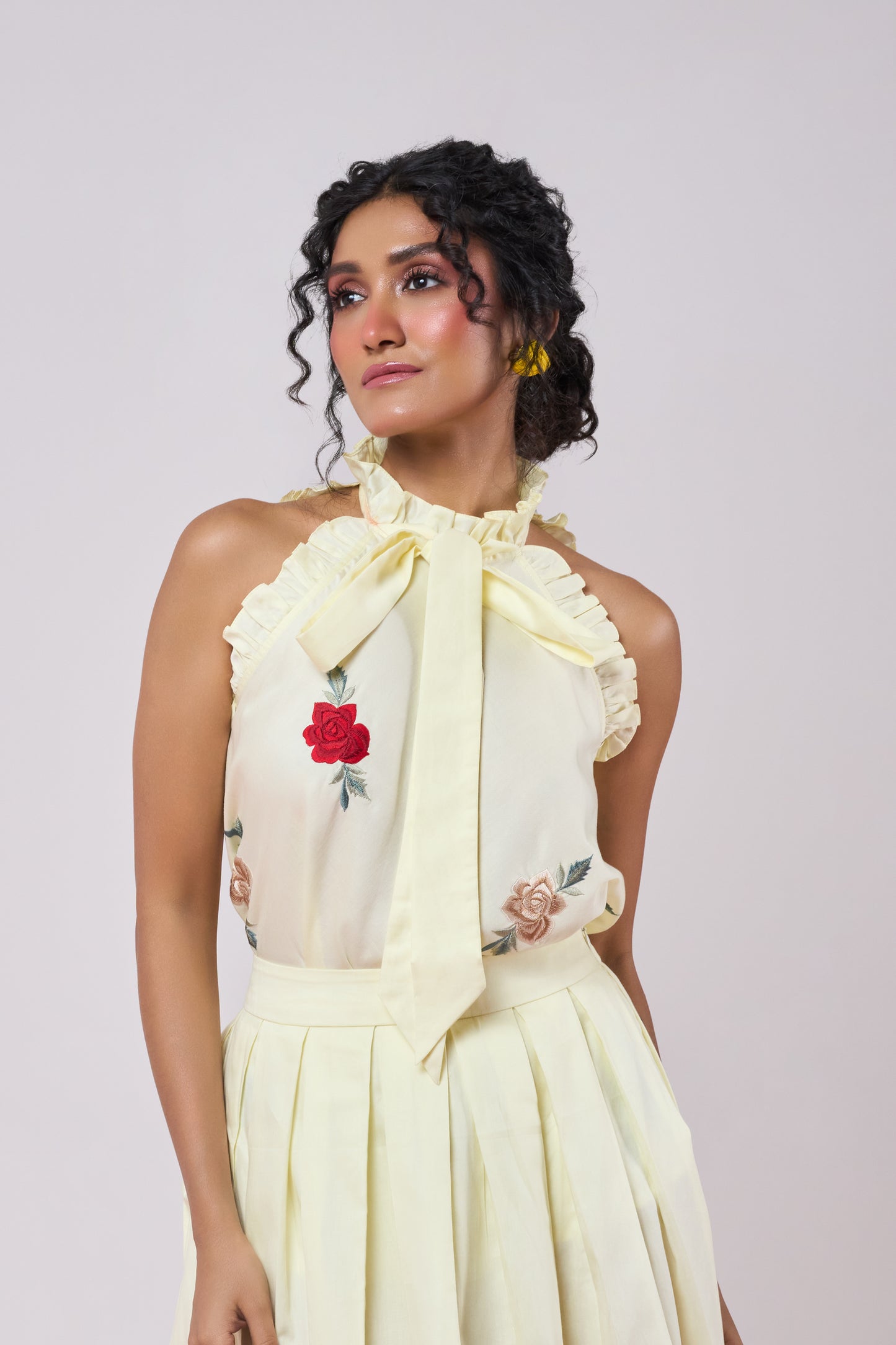 Pastel Yellow Embroidered Halter Top & Pleated Skirt
