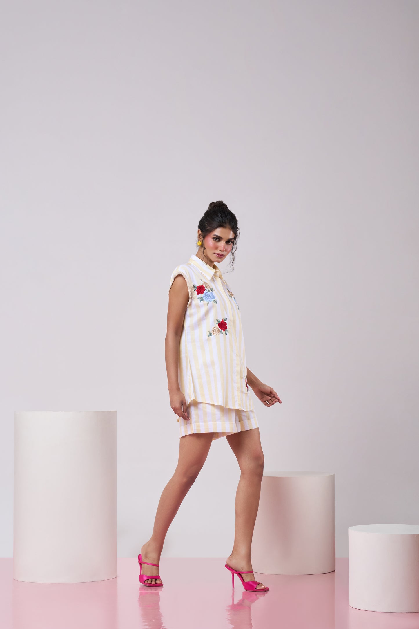 Pastel Yellow Striped Bloom Shirt & Short Set