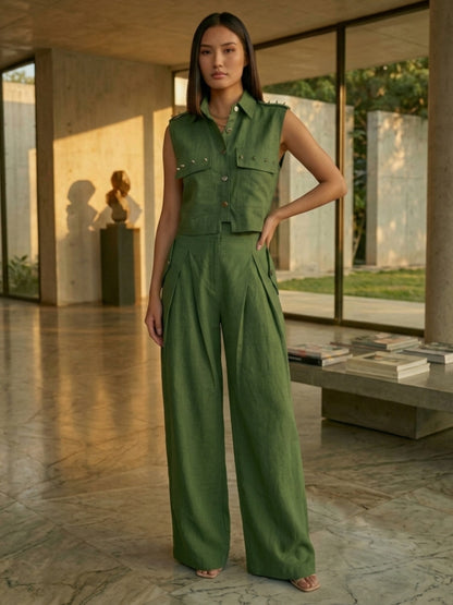 Olive Crop Shirt & Pant Set