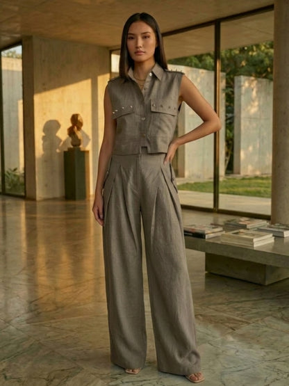 Taupe Crop Shirt & Pant Set