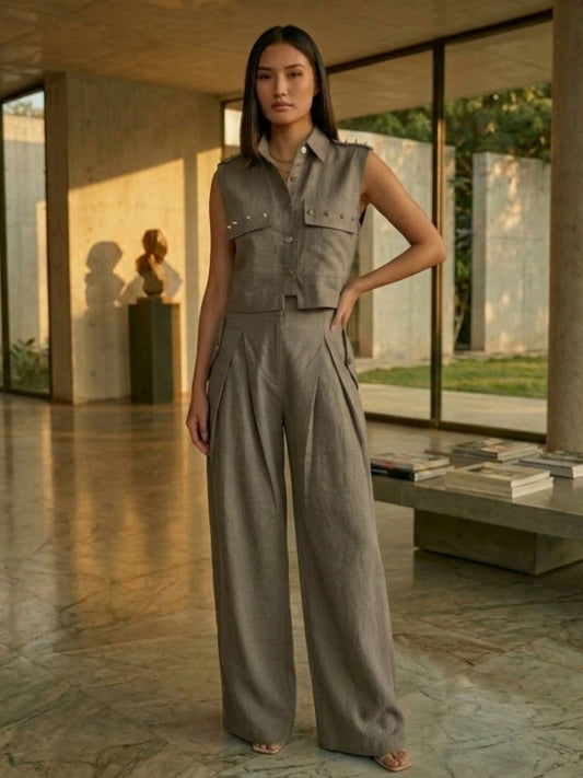 Taupe Crop Shirt & Pant Set