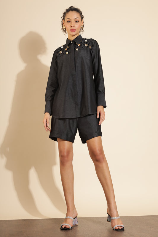 Black Ornate Shirt & Shorts Set
