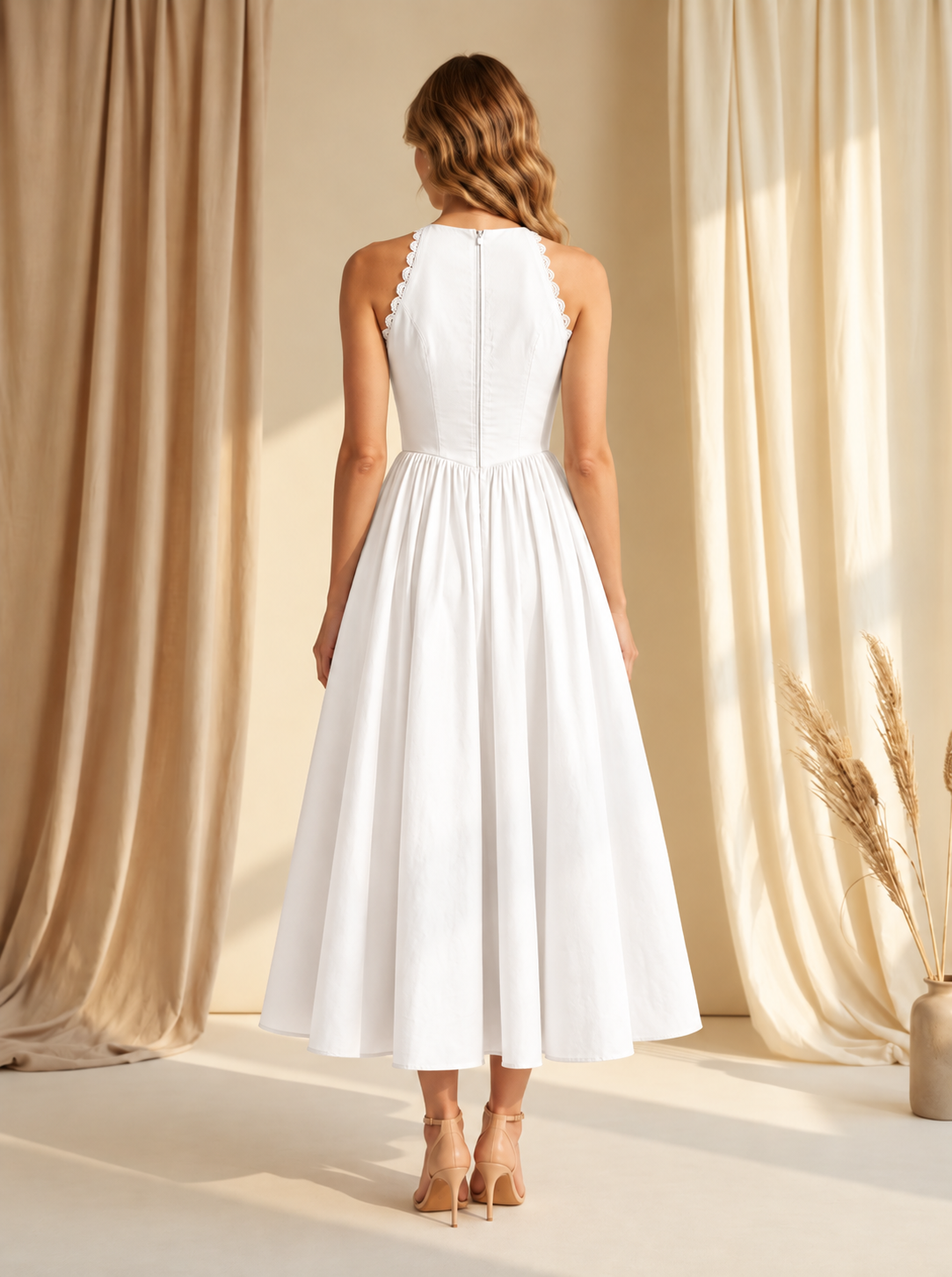 White Lace-Detail Gathered Midi Dress