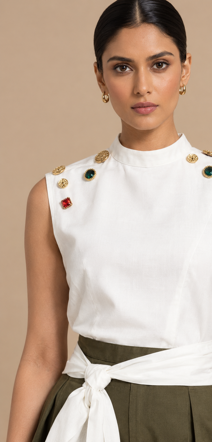 Ivory Jewel-Tie Top