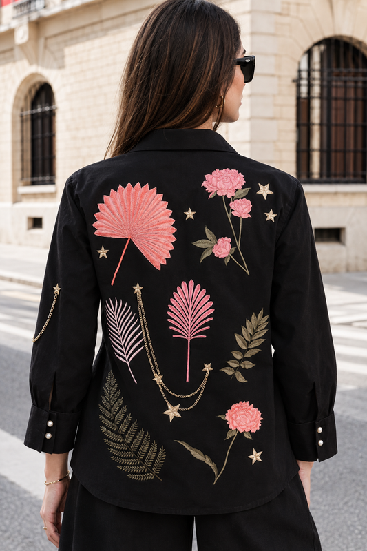 Black Celeste Garden Embroidered Shirt