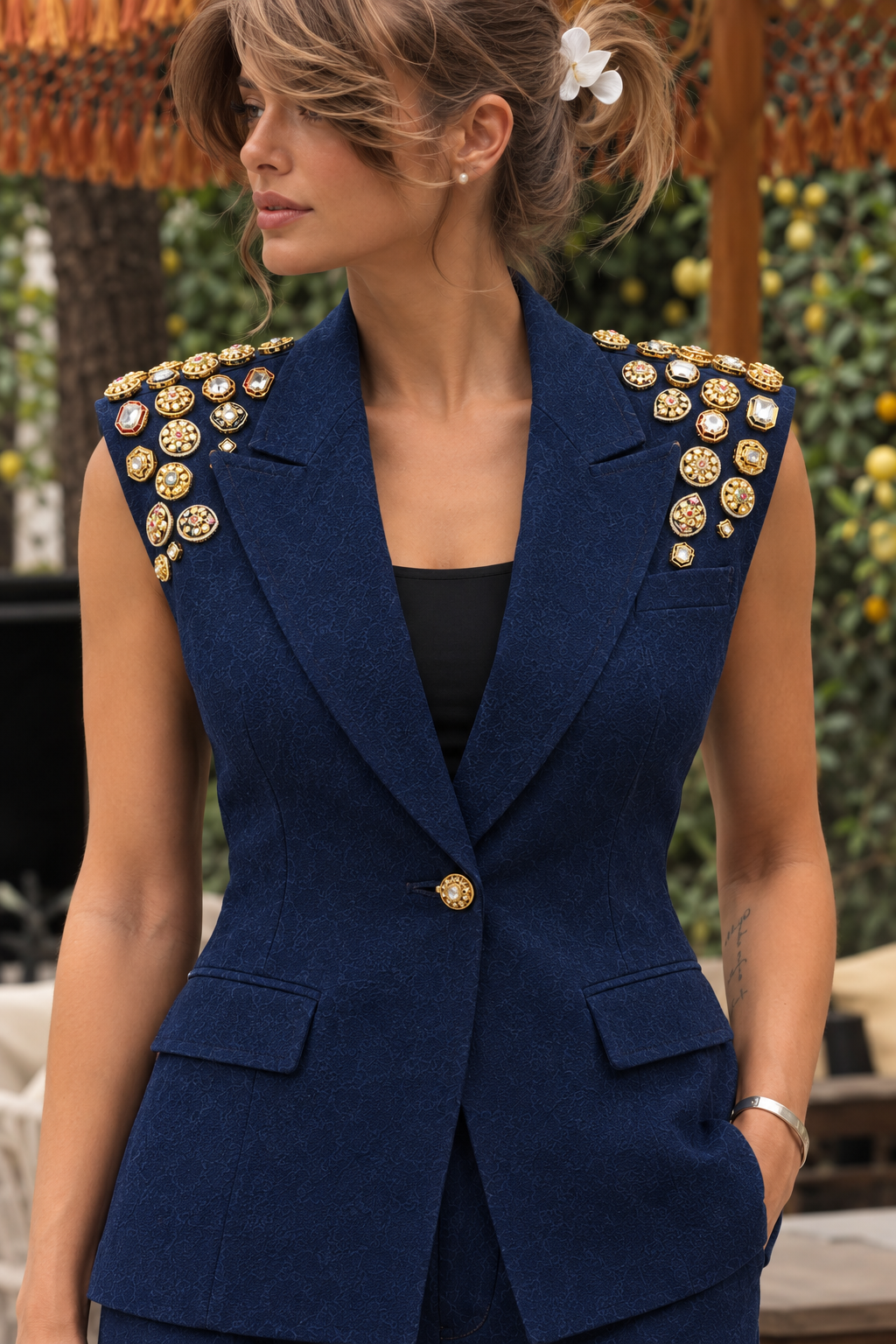 Denim Luxe Navy Embellished Vest Suit