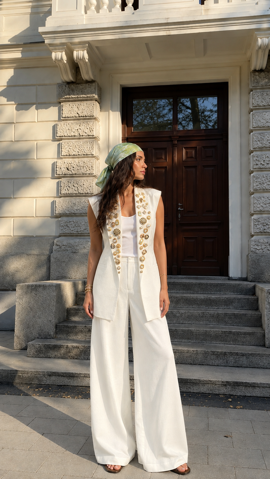 Ivory Heritage Embellished Longline Vest Set