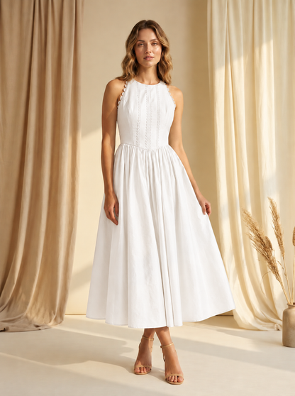White Lace-Detail Gathered Midi Dress
