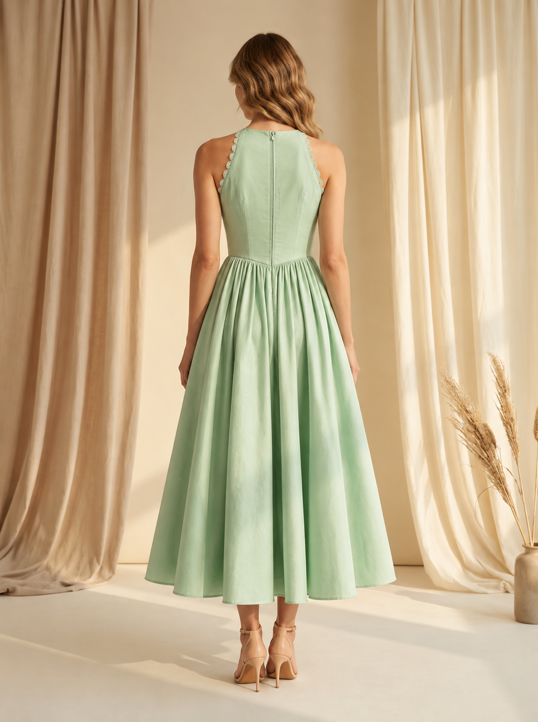 Mint Lace-Detail Gathered Midi Dress
