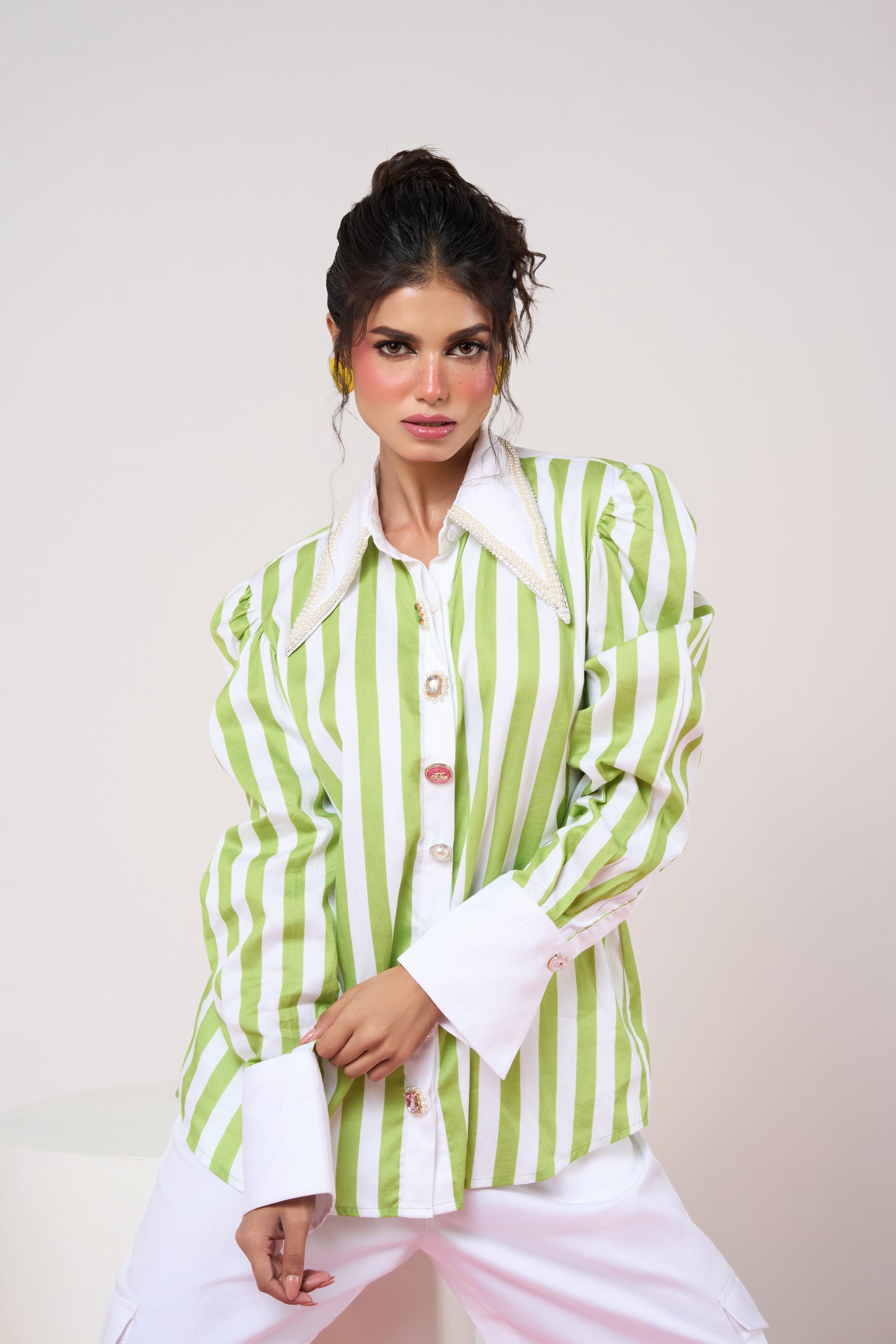 Power Shoulder Green Striped Set