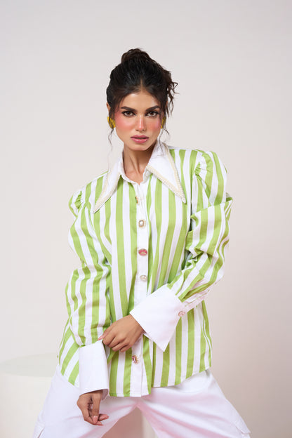 Power Shoulder Green Striped Set