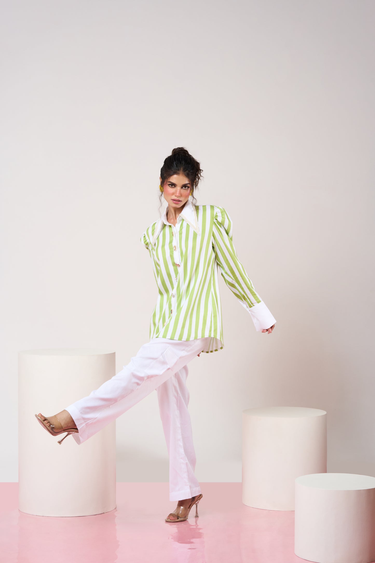 Power Shoulder Green Striped Set