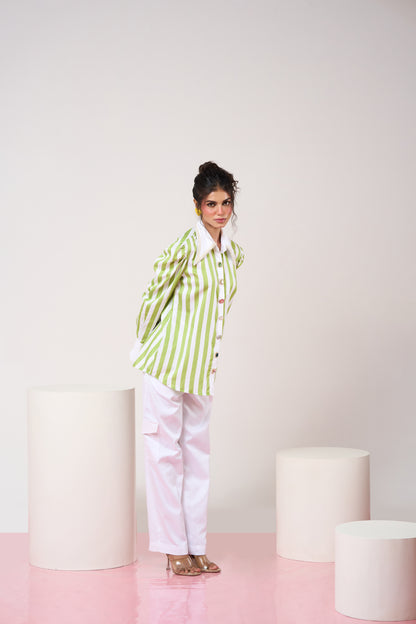 Power Shoulder Green Striped Set