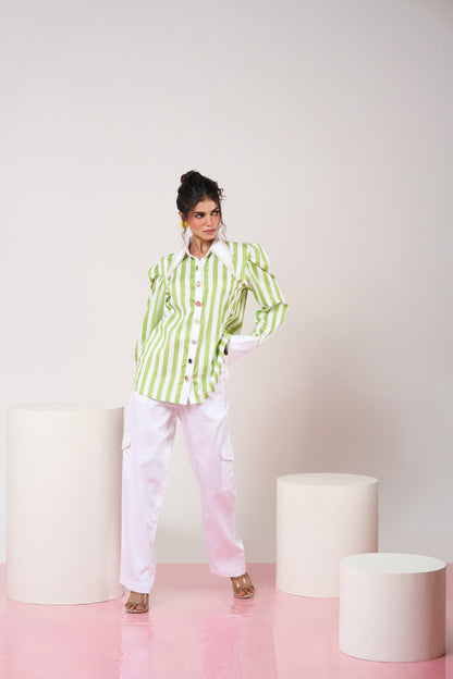 Power Shoulder Green Striped Set