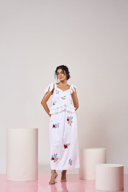 White Embroidered Bloom Top & Skirt Set