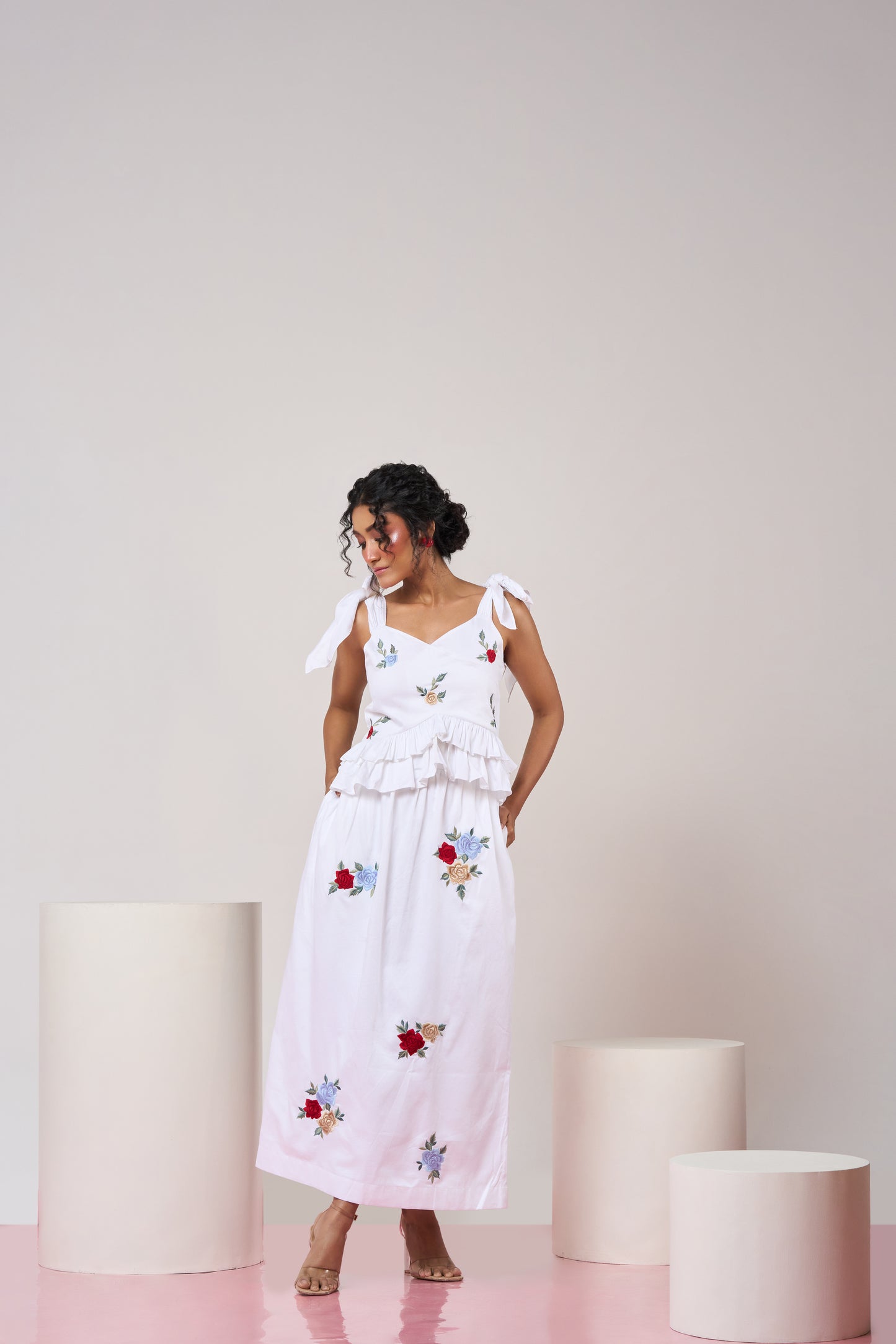 White Embroidered Bloom Top & Skirt Set