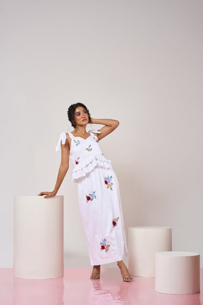 White Embroidered Bloom Top & Skirt Set