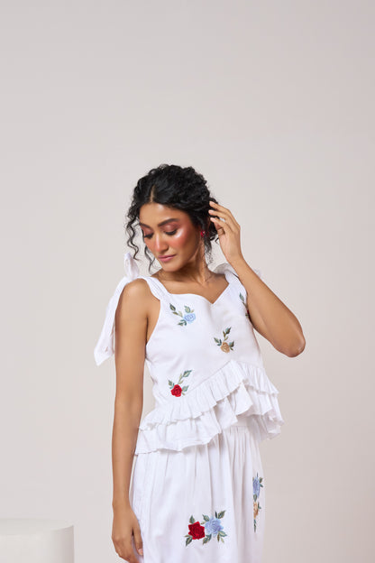 White Embroidered Bloom Top & Skirt Set