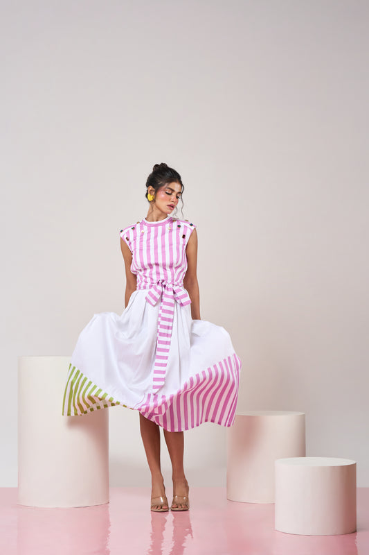 Mauve Striped Belted Top and Skirt set