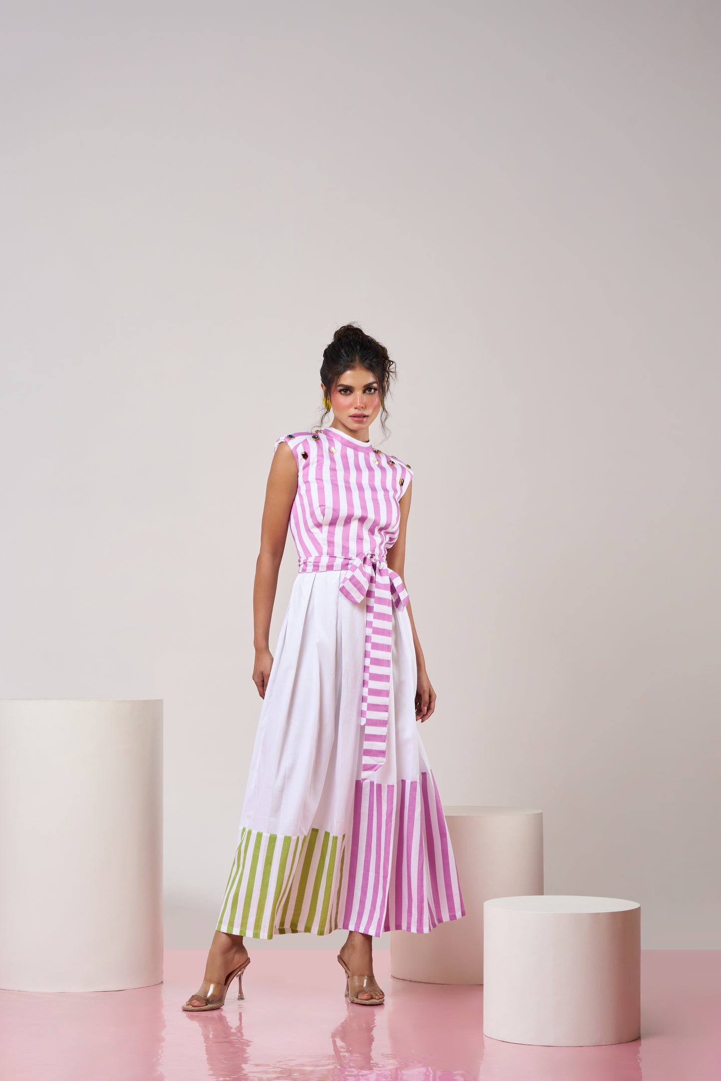 Mauve Striped Belted Top and Skirt set