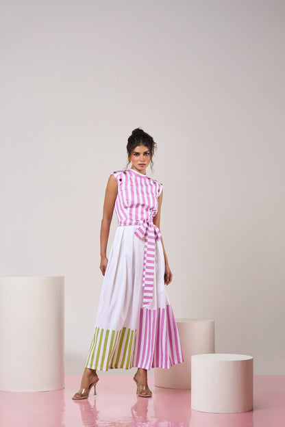 Mauve Striped Belted Top and Skirt set