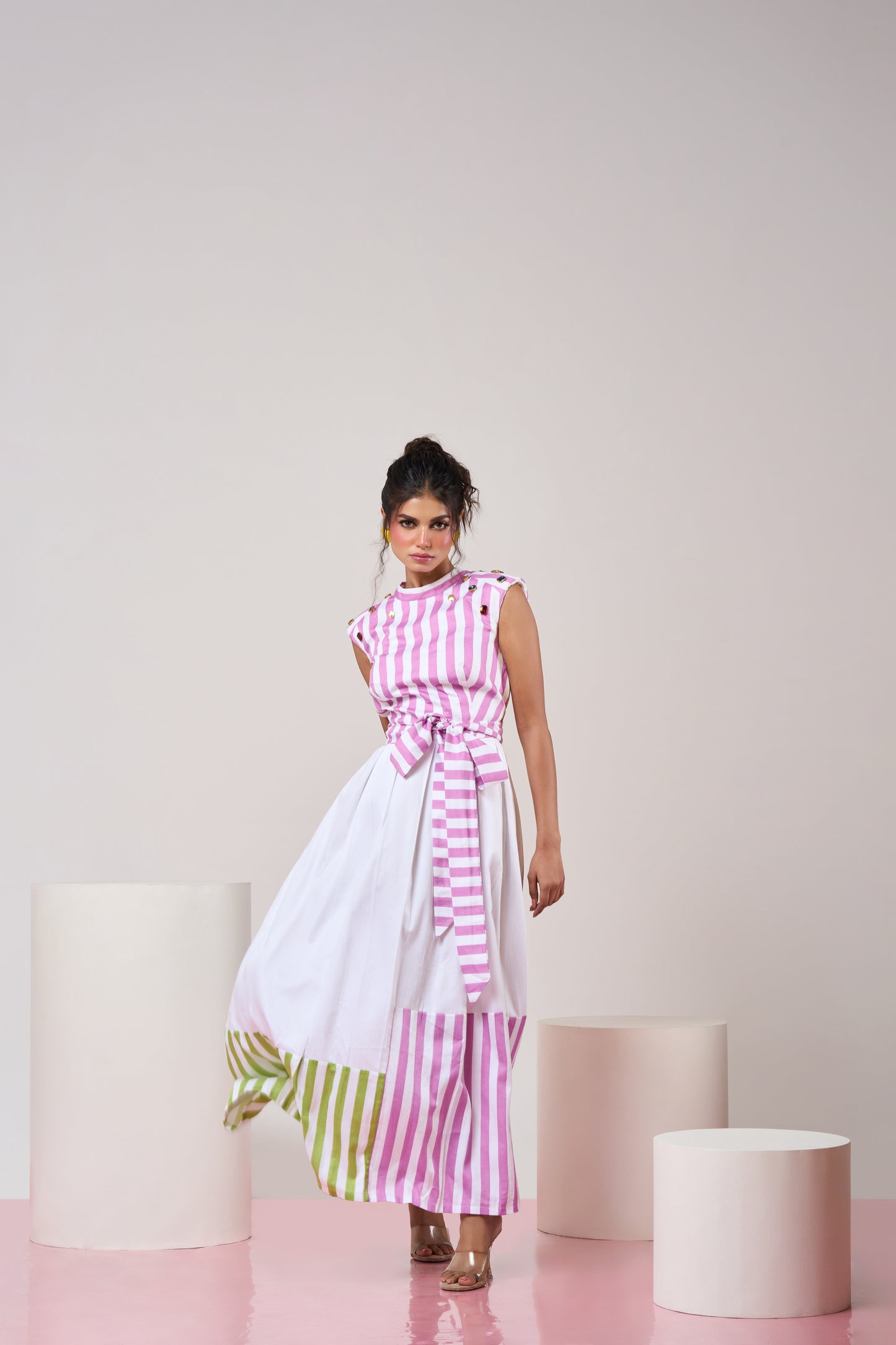 Mauve Striped Belted Top and Skirt set