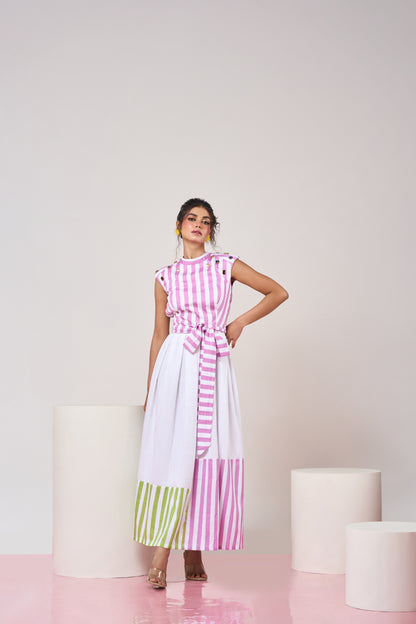 Mauve Striped Belted Top and Skirt set