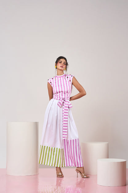 Mauve Striped Belted Top and Skirt set