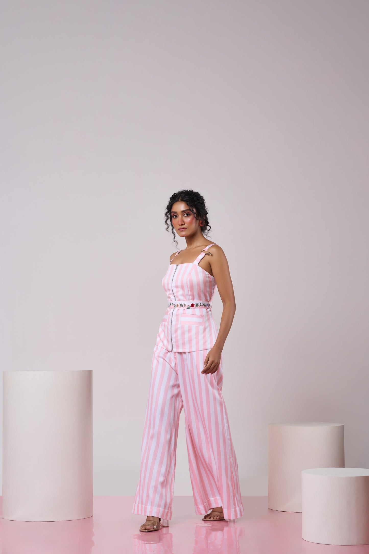 Pink Striped Tailored Top and Pant Set