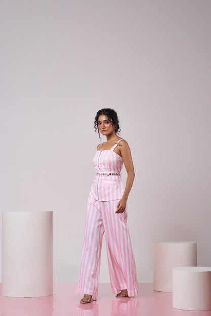 Pink Striped Tailored Top and Pant Set
