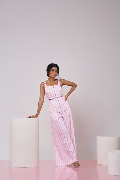 Pink Striped Tailored Top and Pant Set
