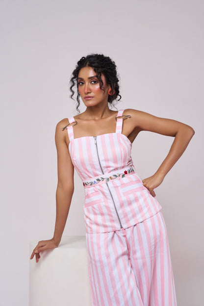 Pink Striped Tailored Top and Pant Set