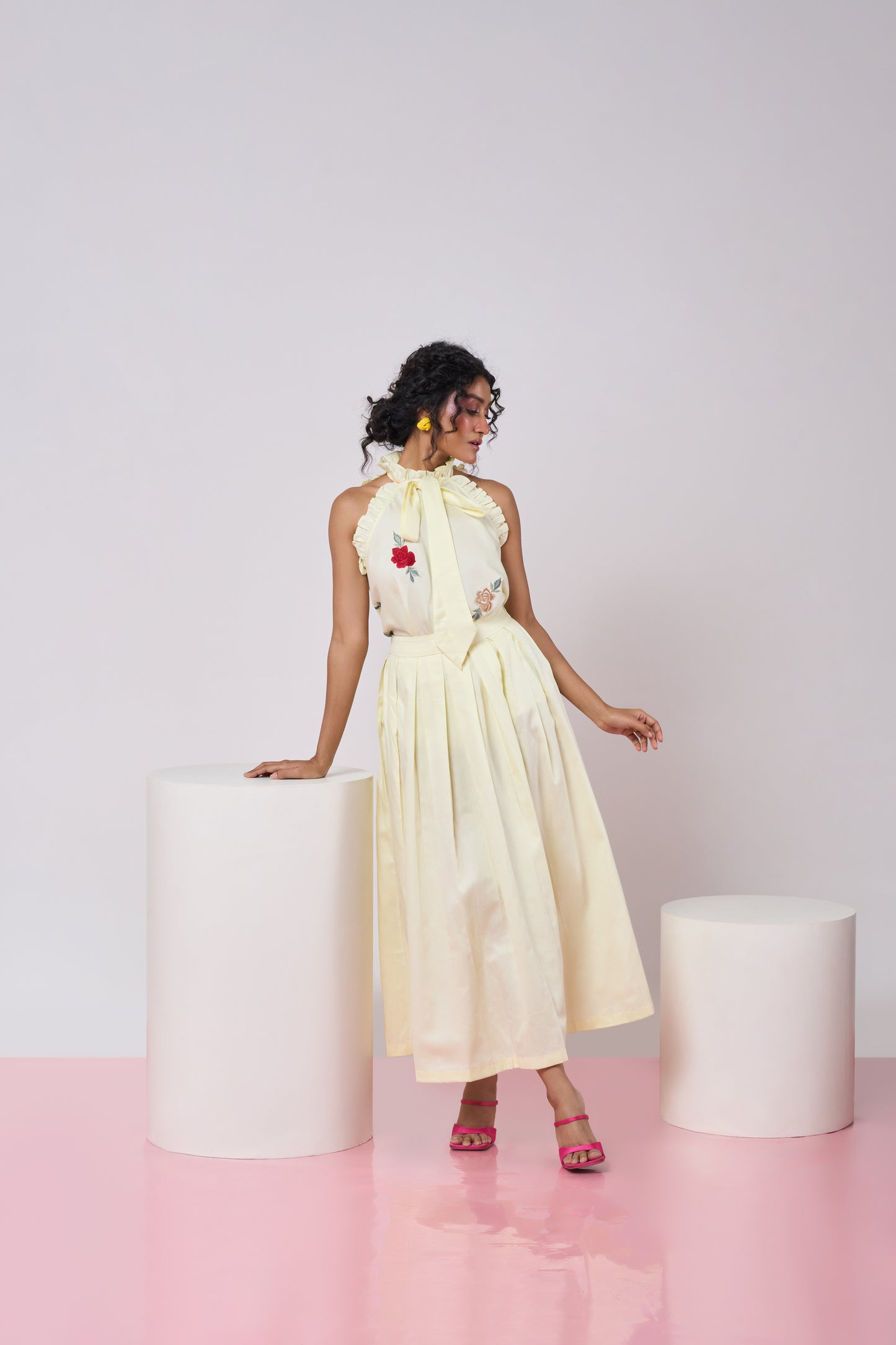 Pastel Yellow Embroidered Halter Top & Pleated Skirt