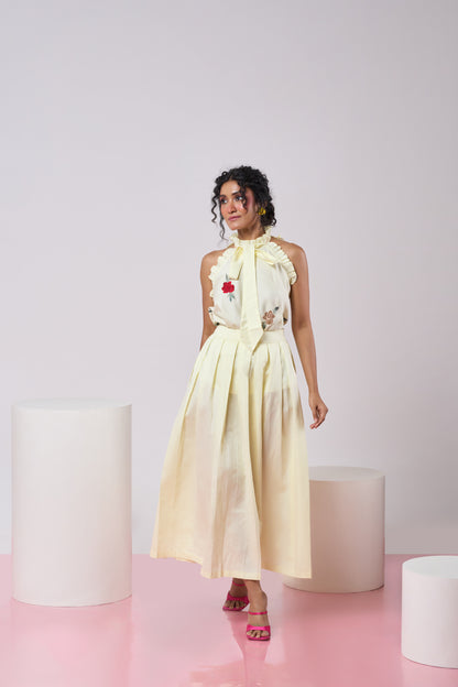 Pastel Yellow Embroidered Halter Top & Pleated Skirt