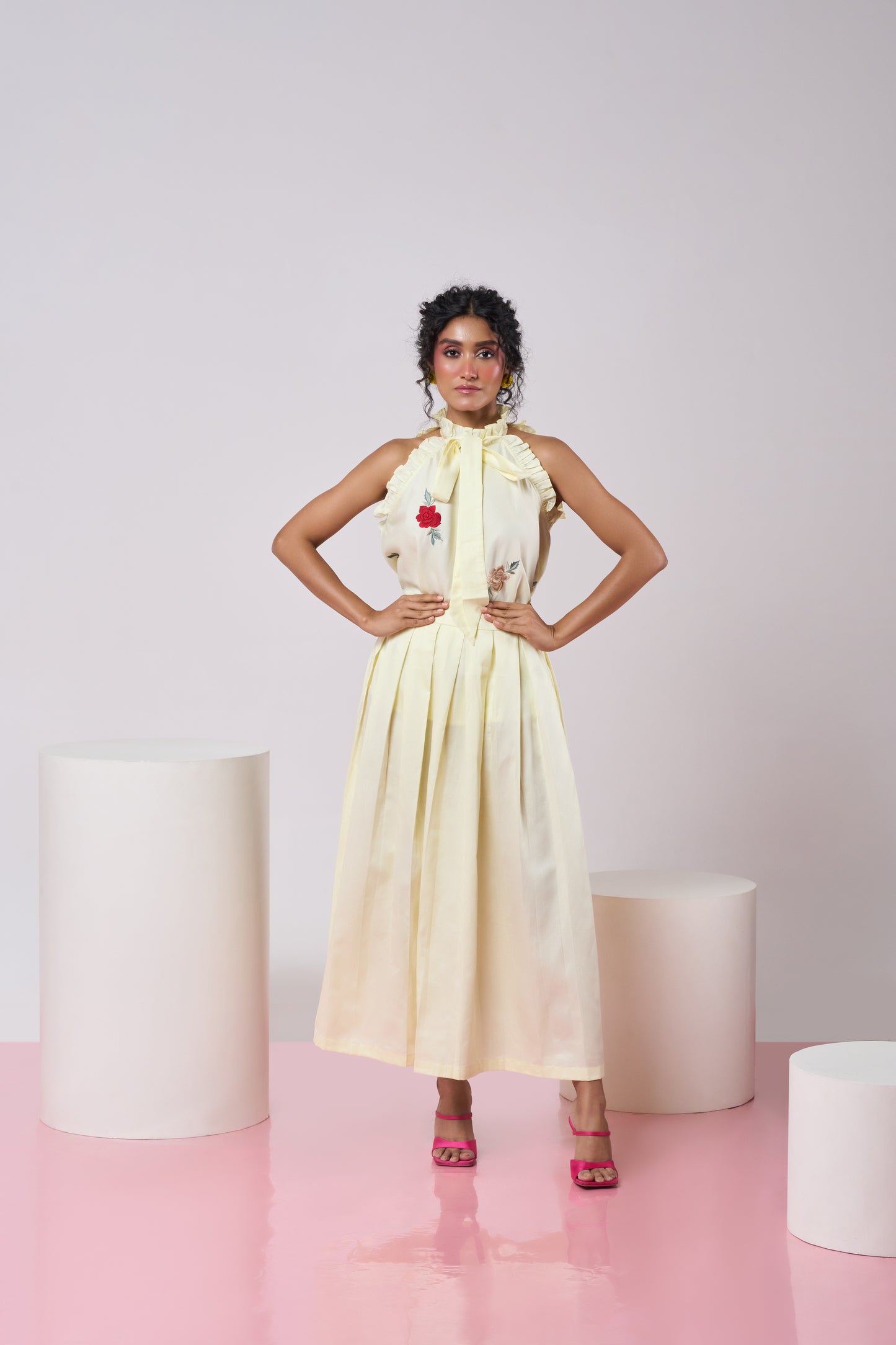 Pastel Yellow Embroidered Halter Top & Pleated Skirt