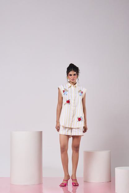 Pastel Yellow Striped Bloom Shirt & Short Set