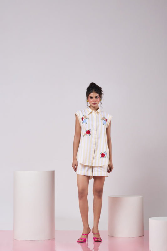 Pastel Yellow Striped Bloom Shirt & Short Set