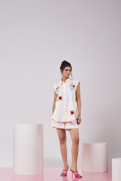 Pastel Yellow Striped Bloom Shirt & Short Set
