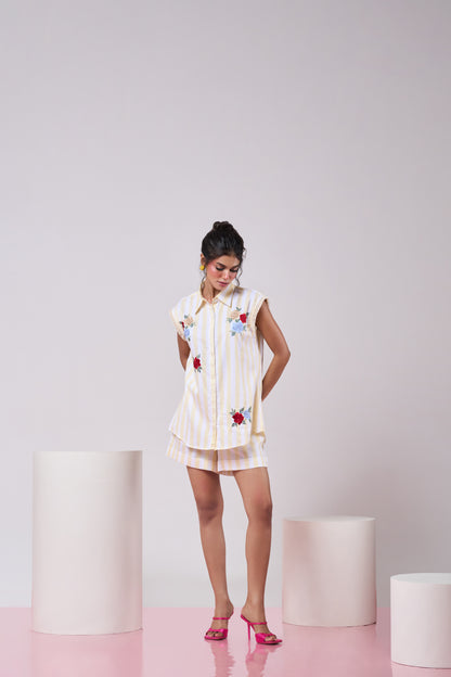 Pastel Yellow Striped Bloom Shirt & Short Set