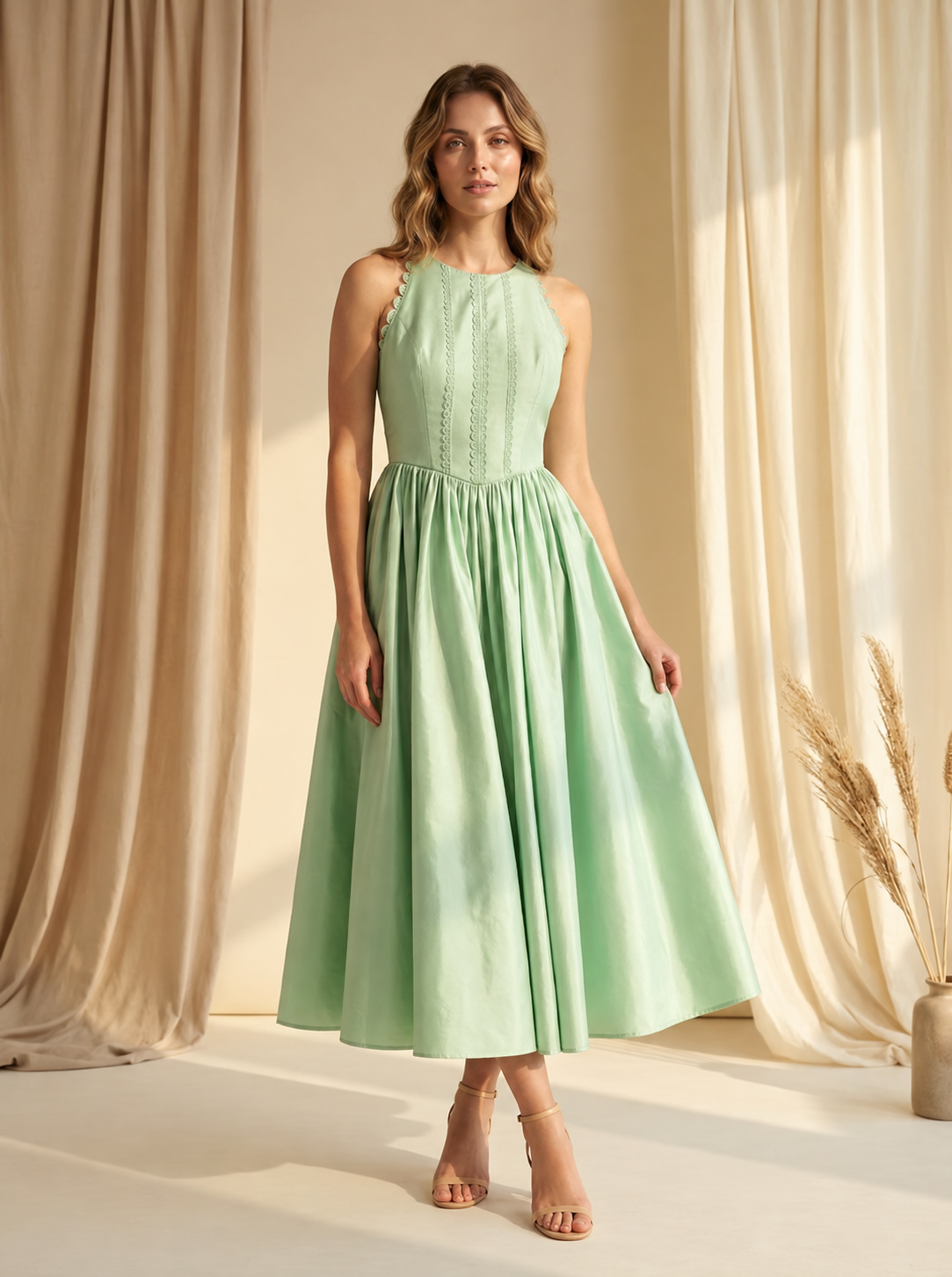 Mint Lace-Detail Gathered Midi Dress