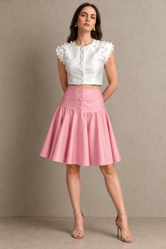 White & Blush Pink Top & Skirt Set
